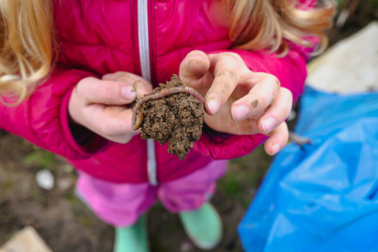 Hands of child holding garden soil with earthworm. High angle view.