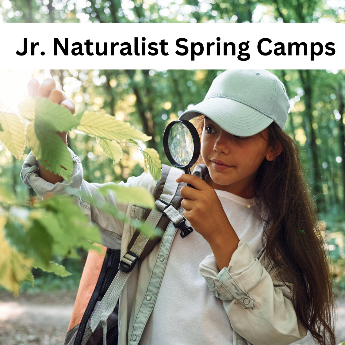 A girl with long brown hair is looking at a plant through a magnifying glass.