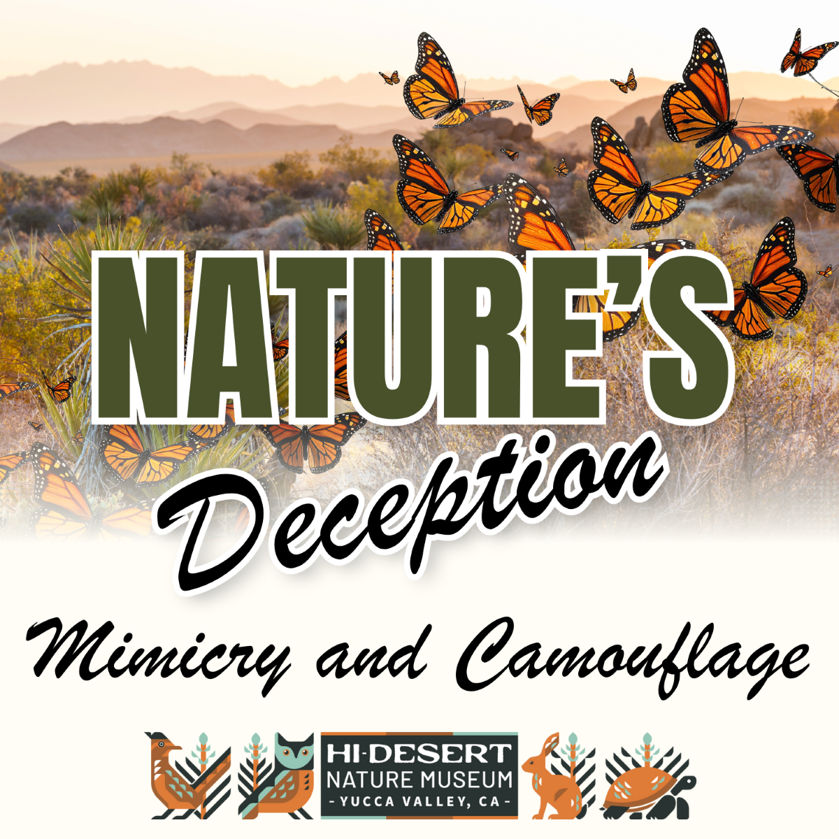 Nature's Deception Mimicry and Camouflage a desert scene with butterflies flying across the front